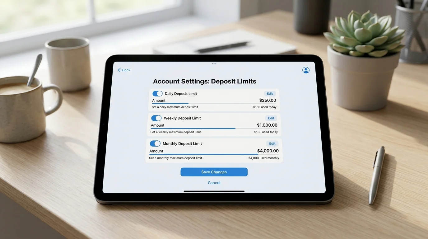 Deposit limit and spend cap settings in player account dashboard