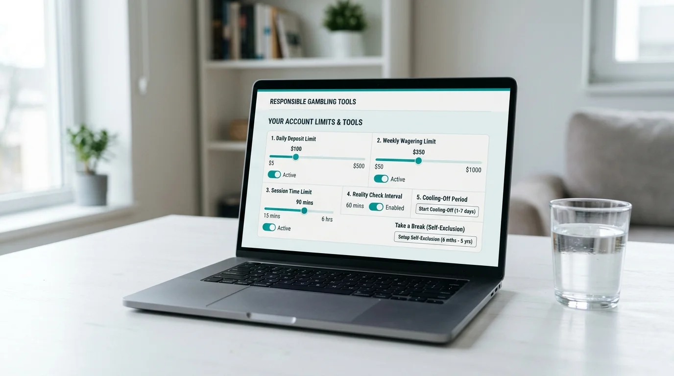 Responsible gambling settings screen showing deposit limits and session time controls
