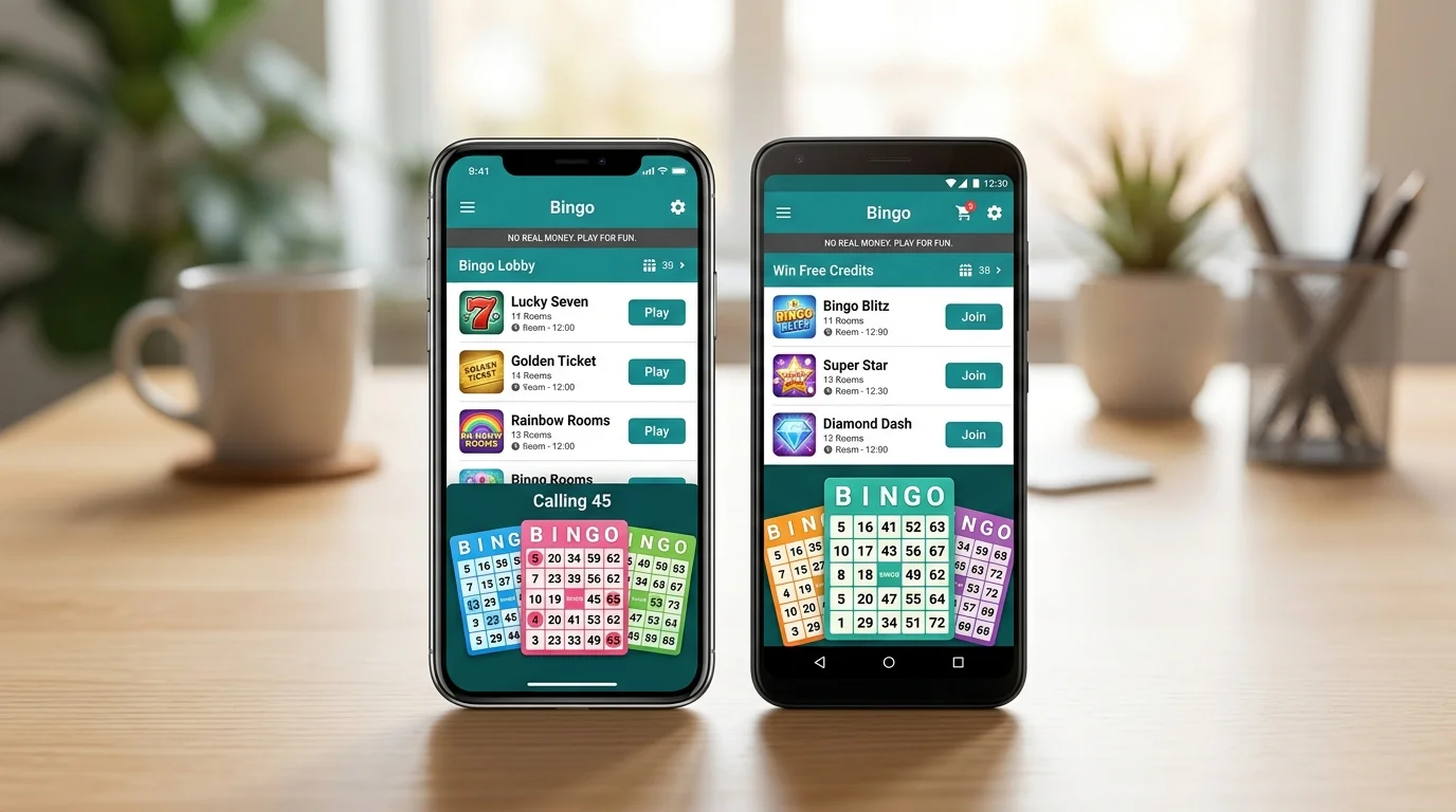 Tombola mobile app interface showing bingo rooms on iOS and Android devices