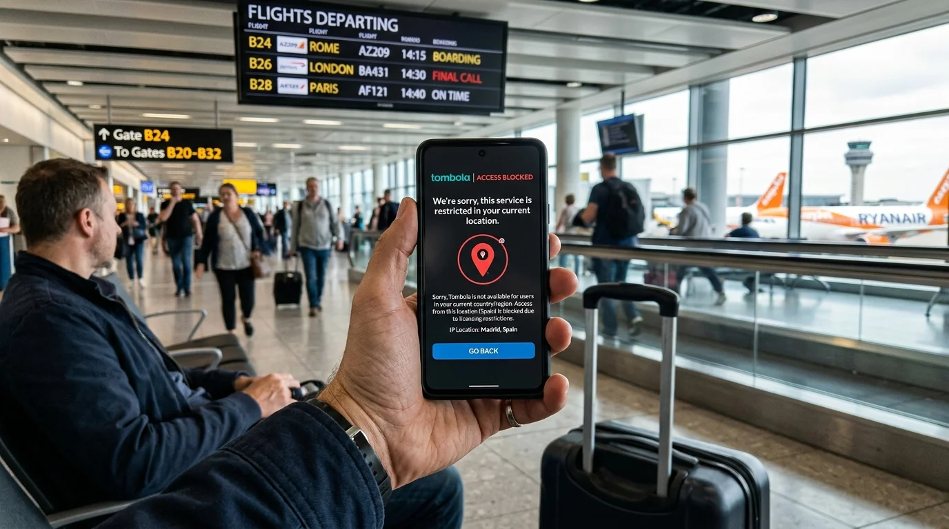 Tombola blocked access screen shown when connecting from abroad