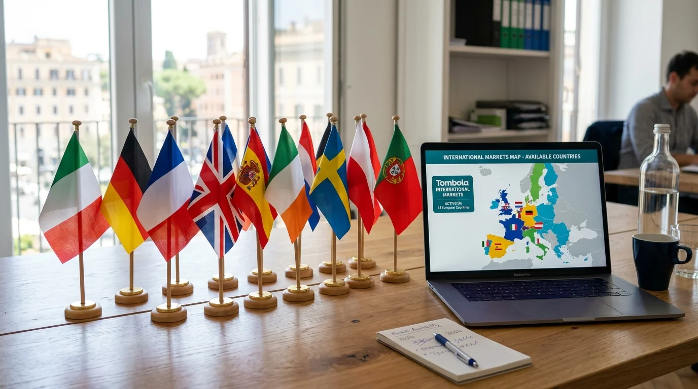 Tombola active international markets map showing Italy and Spain