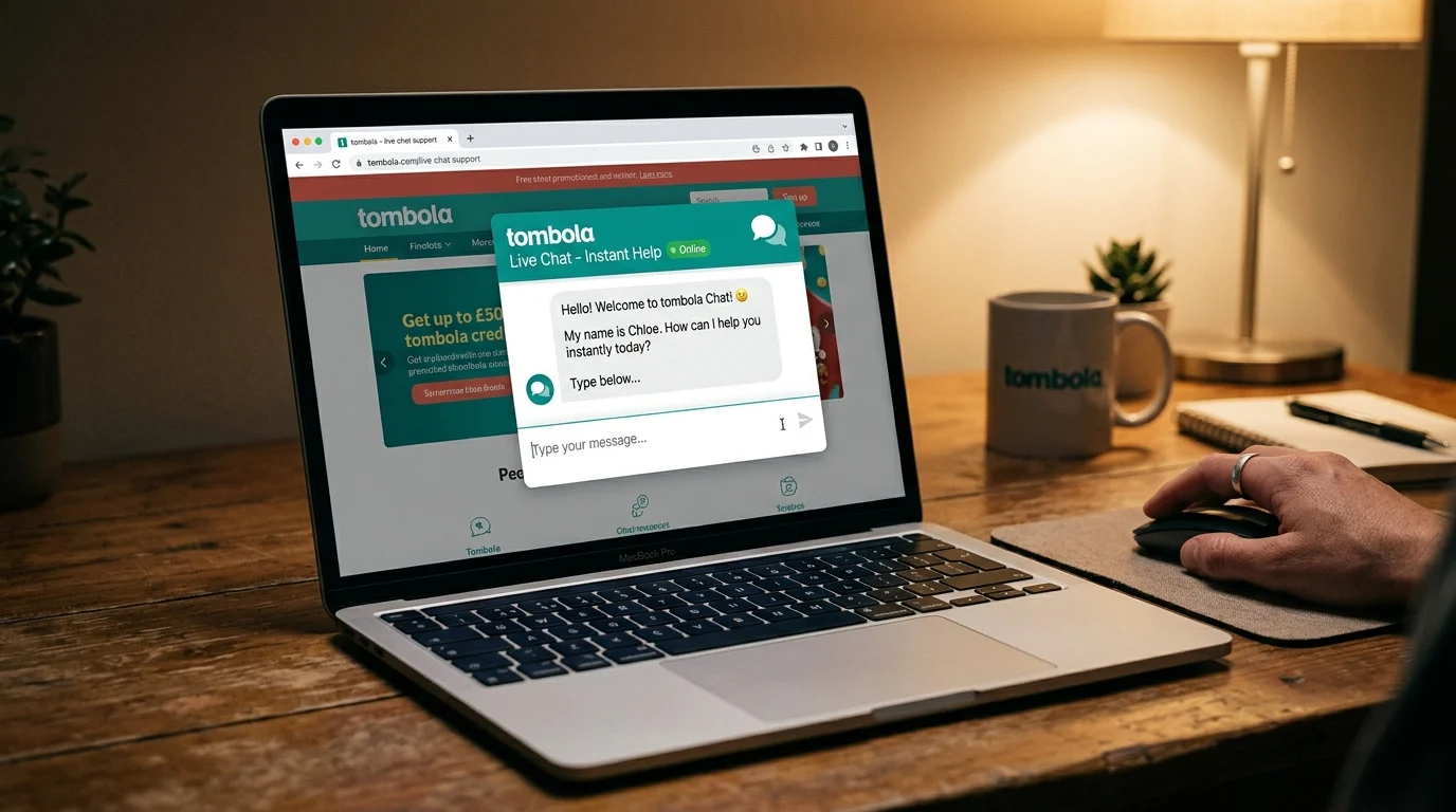 Tombola live chat support window with agent response on screen