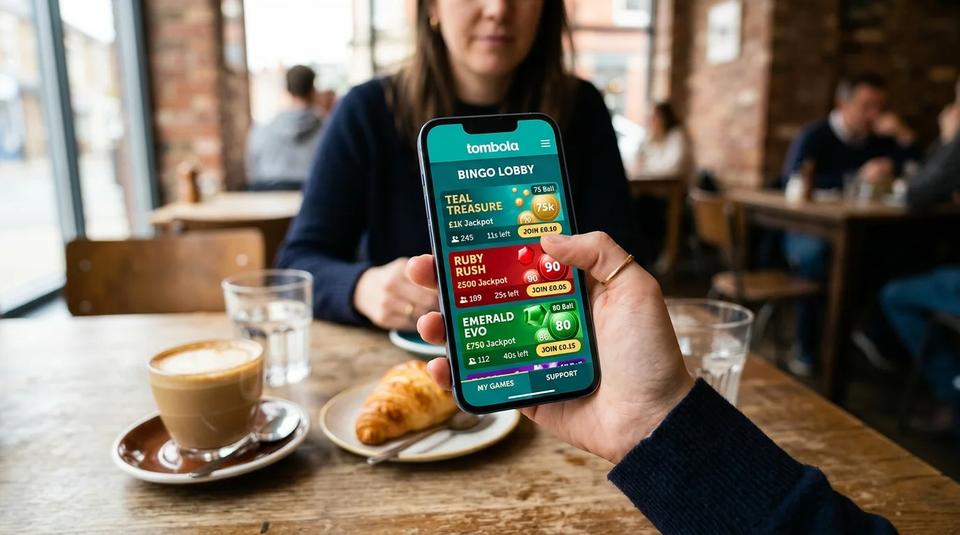 Tombola mobile app displayed on a smartphone showing bingo room lobby