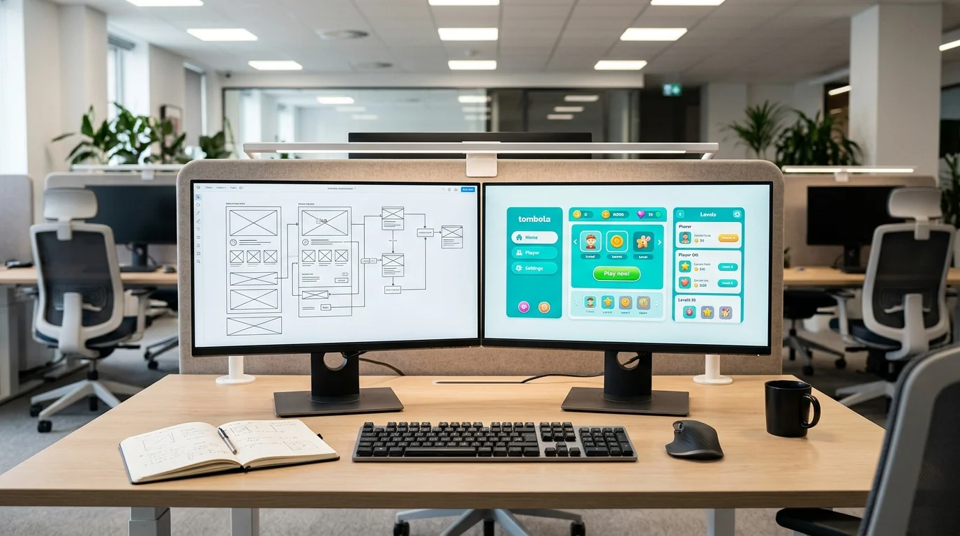 Software development workspace with screens showing bingo game interface design