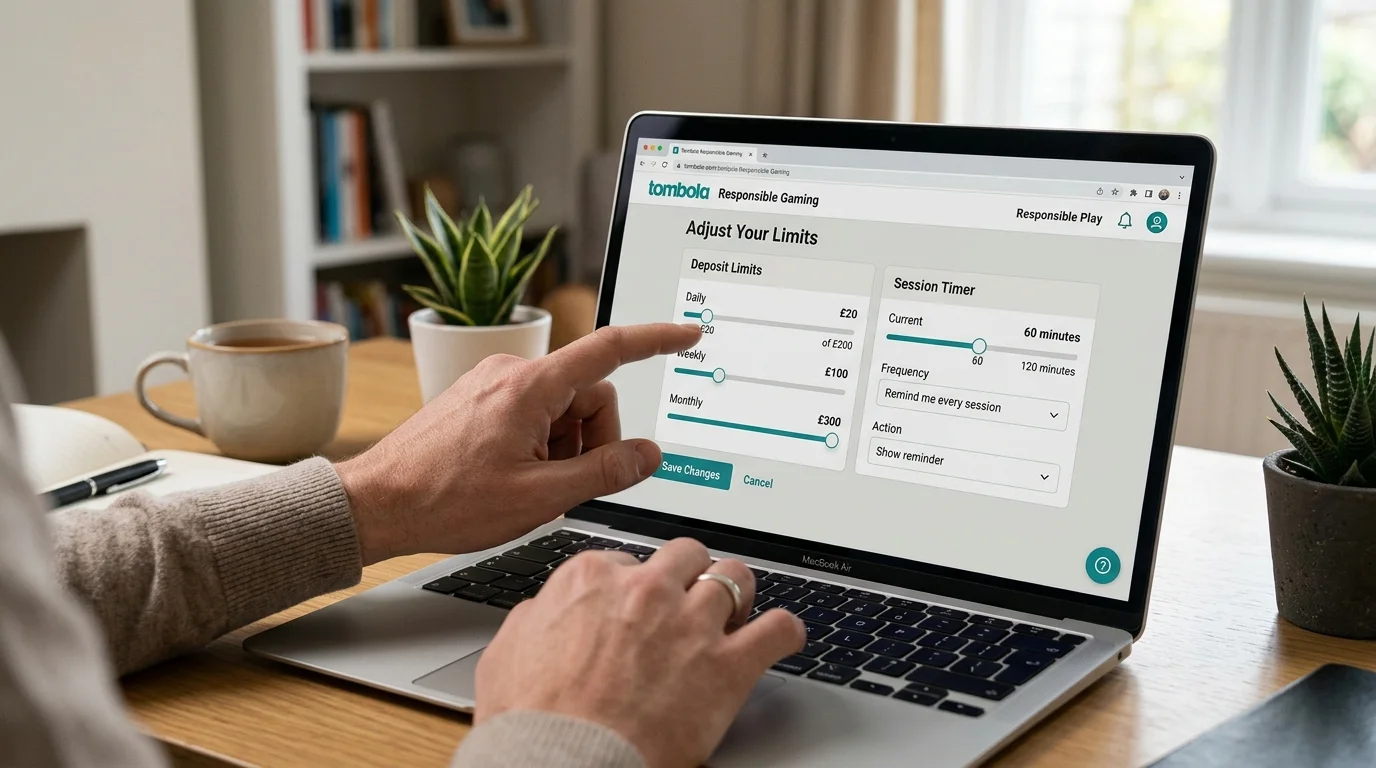 Tombola responsible gambling tools including deposit limits and GamCare Level 3 badge