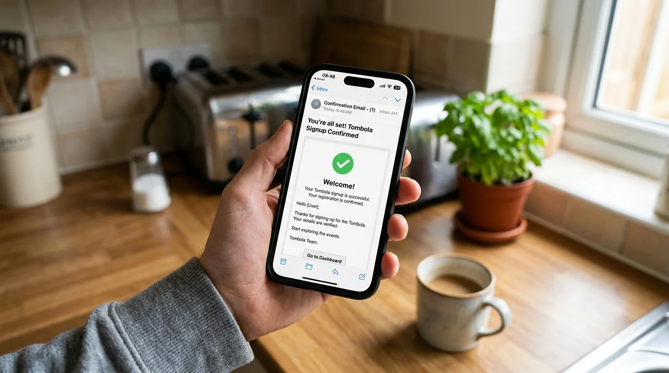 Tombola sign-up email confirmation sent to new players