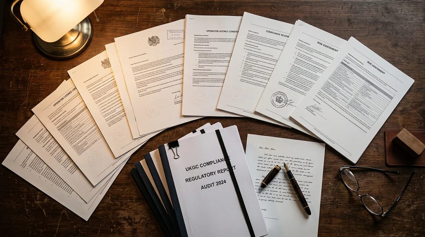 Regulatory documents and compliance certificates on a desk representing UK gambling licensing