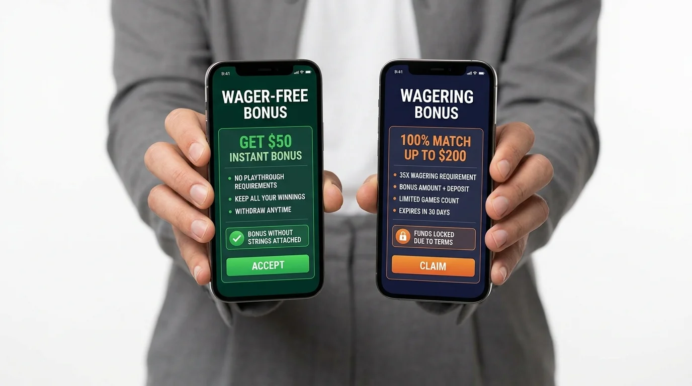 Wager-free bonus model compared to traditional wagering requirements