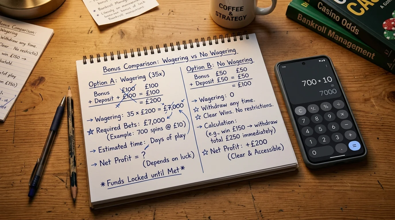 Mathematical comparison of wagering versus no-wagering bonus value